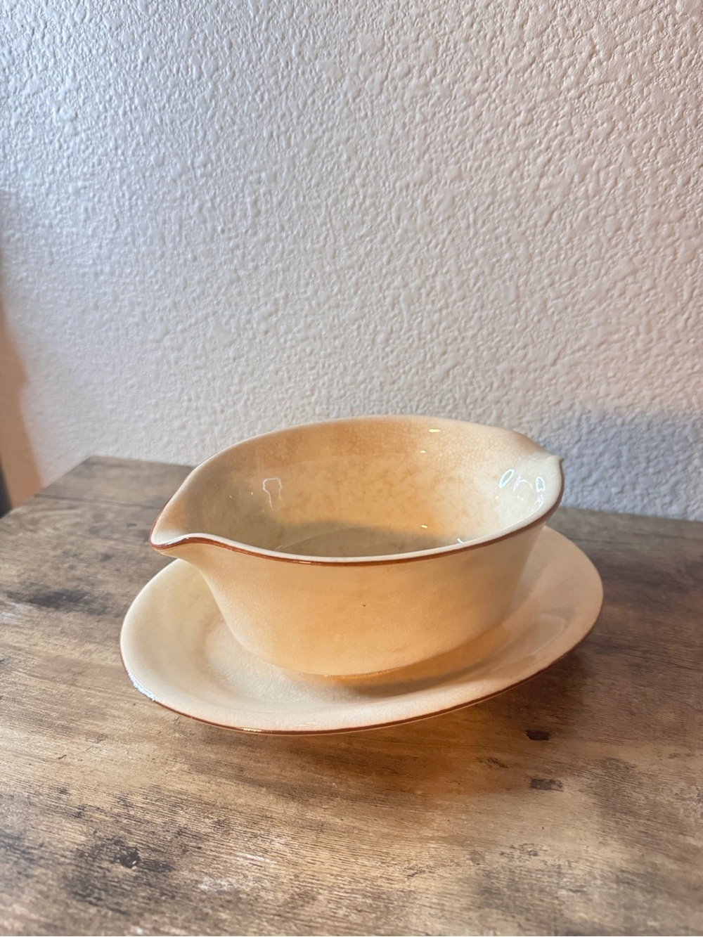 Vintage Cream Glaze Gravy Boat & Underplate | Brown Trim - Picture 13 of 14